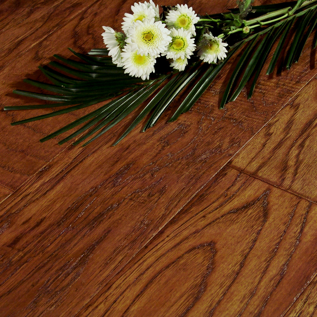 Close up picture of Woodhouse, Brentwood, Bedford Wood Flooring with white daisies