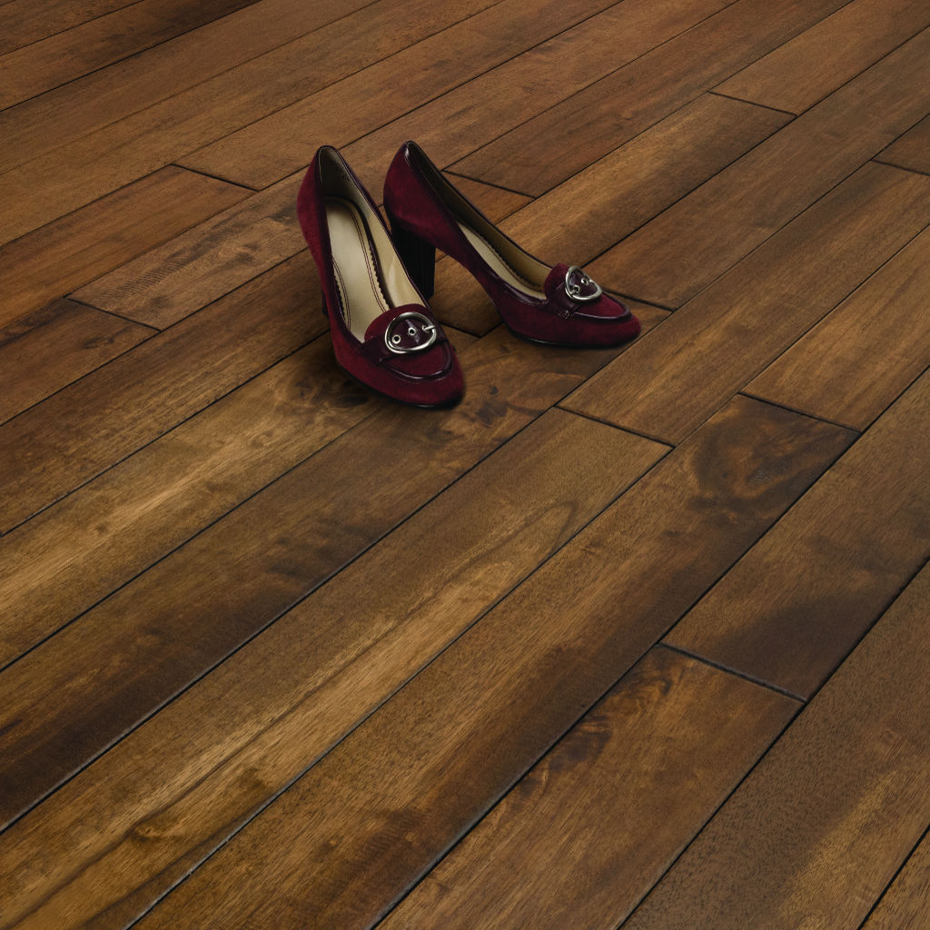 Woodhouse, Iberian Plank solid wood floor shown with dress shoes