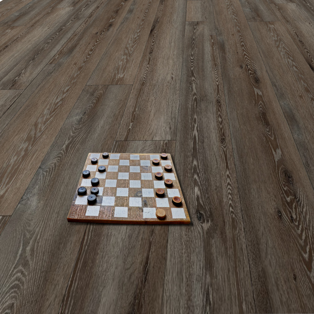 WoodHouse Pacific Winds Lily Pond Laminate floor shown with a checkerboard