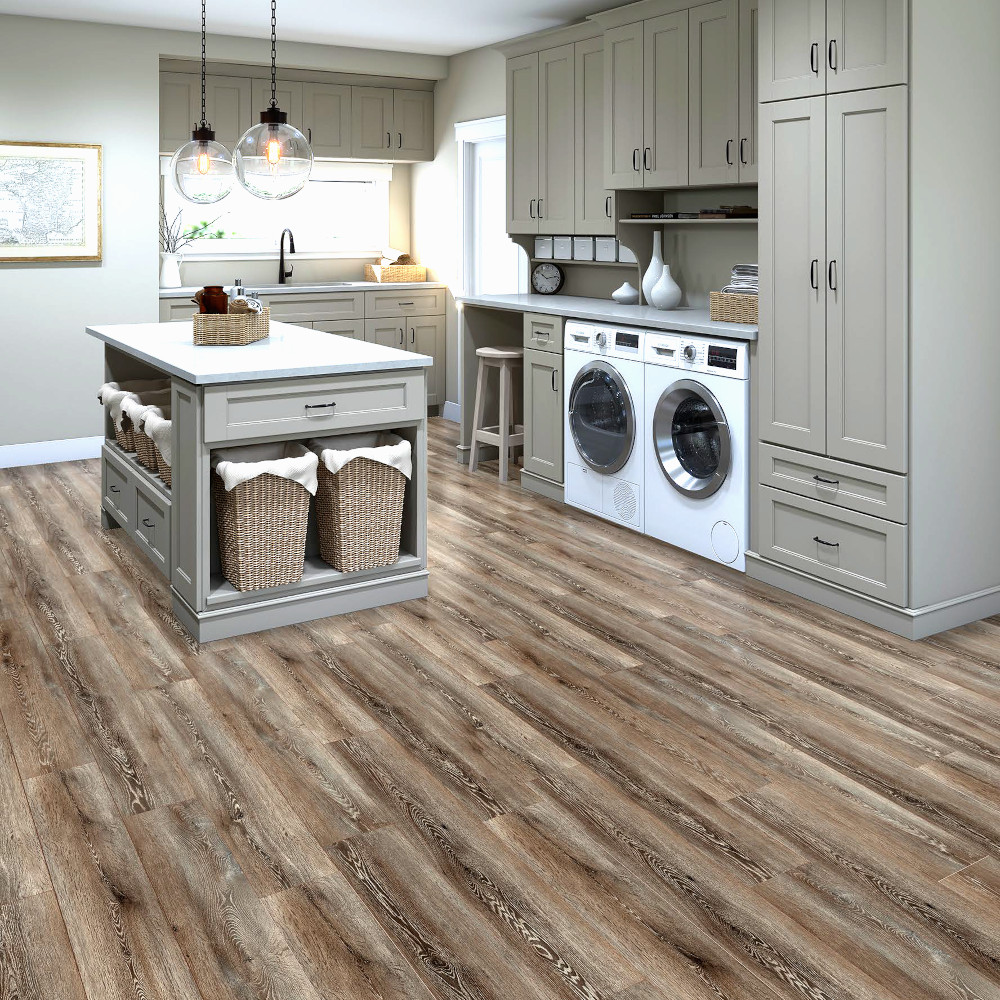 WoodHouse Pacific Winds Lily Pond laminate flooring shown in a laundry room
