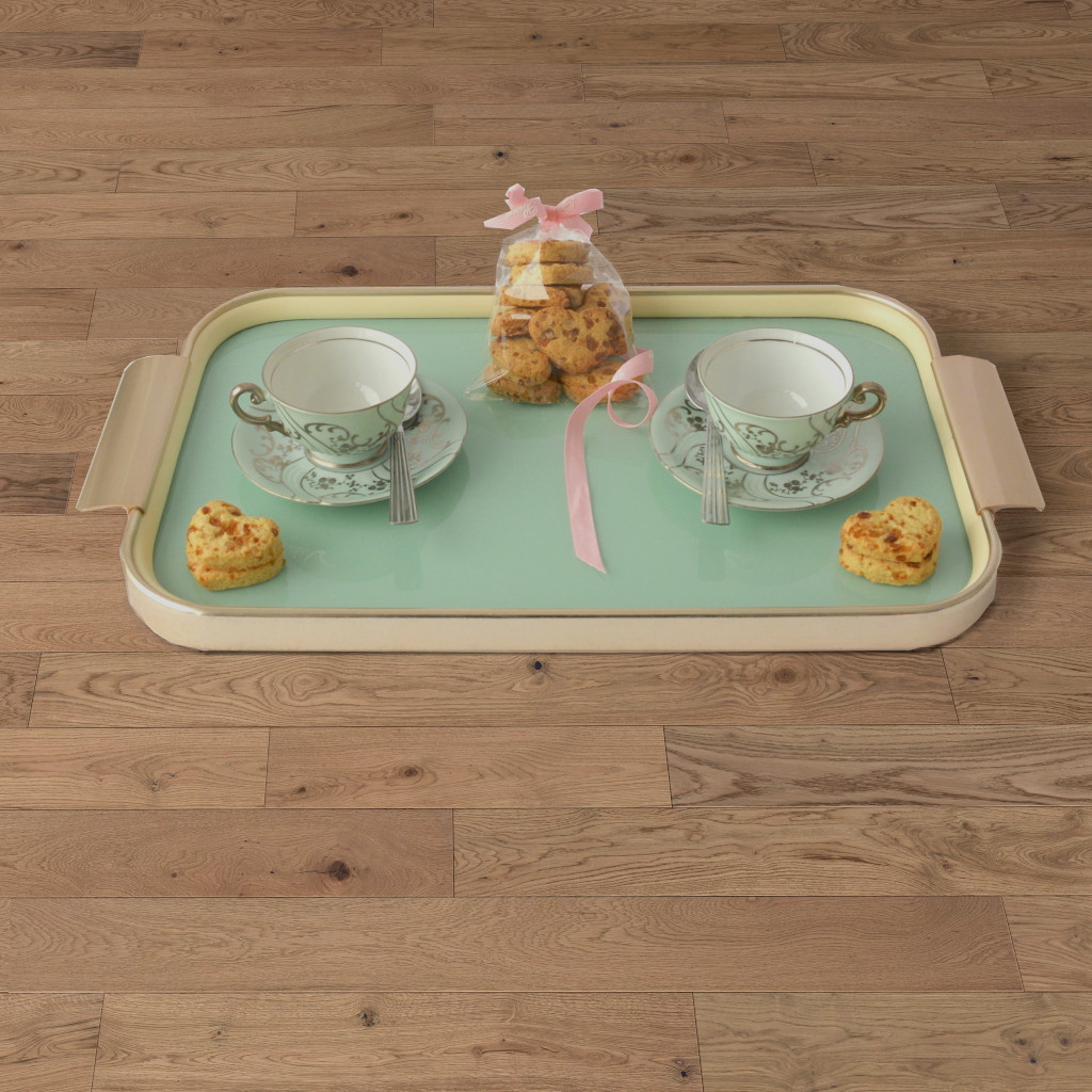 Woodhouse, Ellingwood Rocky Mountain engineered wood floor shown with a tea tray