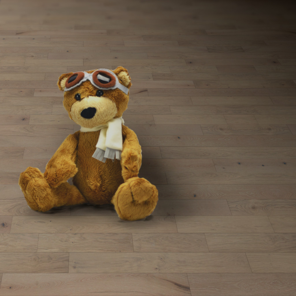 Woodhouse, Shavano Rocky Mountain engineered wood floor shown with a teddy bear