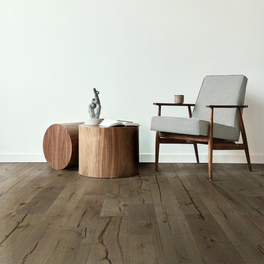Woodhouse, Patriot, White Oak Engineered Wood Floor shown with scandinavian style chair and table