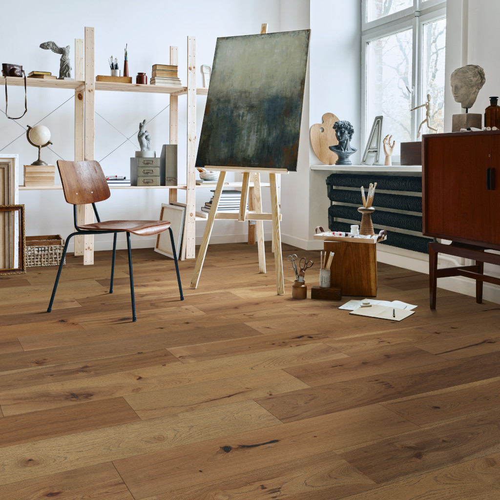 Woodhouse, Patriot, Hickory Engineered Wood Floor shown in a unique artist workspace interior with minimalist furniture