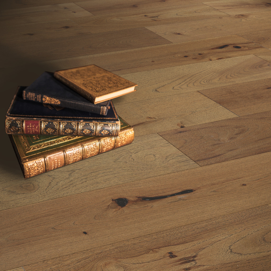 Woodhouse, Patriot Collection, Concord Hickory engineered wood floor shown with books