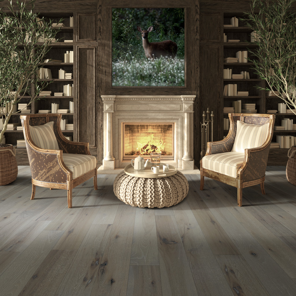 Woodhouse, Frankfort, Hickory Engineered Wood Floor shown in a Scandinavian style home library with fireplace