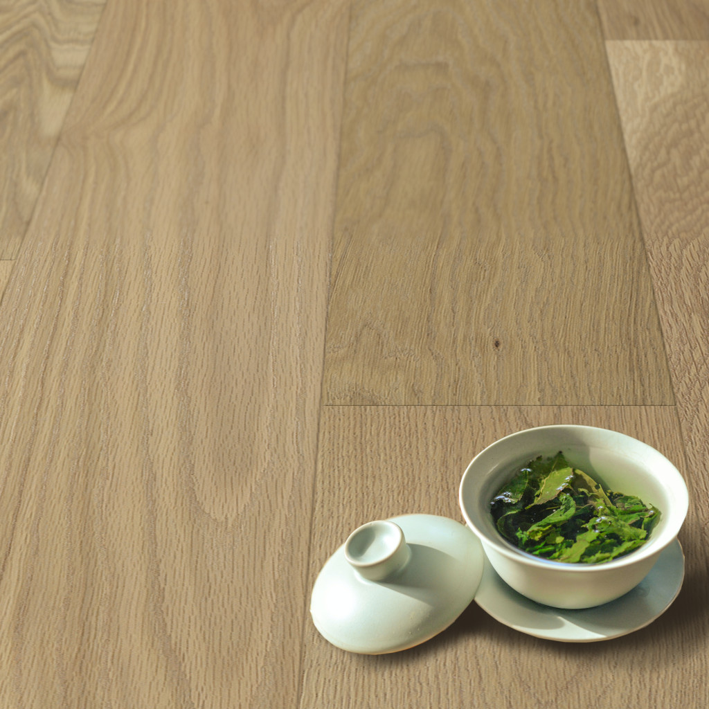 Woodhouse, Patriot Collection, Montezuma white oak engineered wood floor shown with tea leaves in a cup