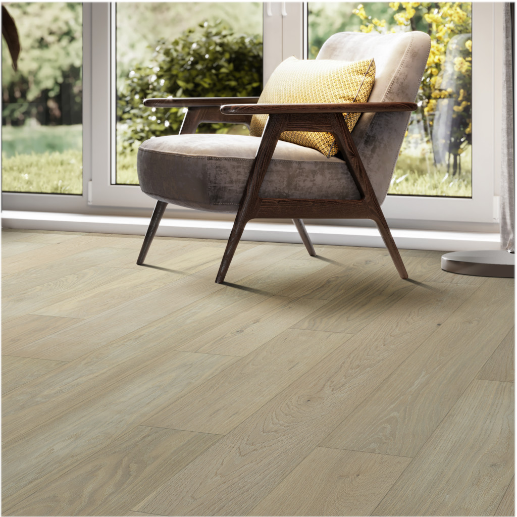 Woodhouse, Pipe Spring White Oak Engineered Wood Floor shown with a minimalist chair