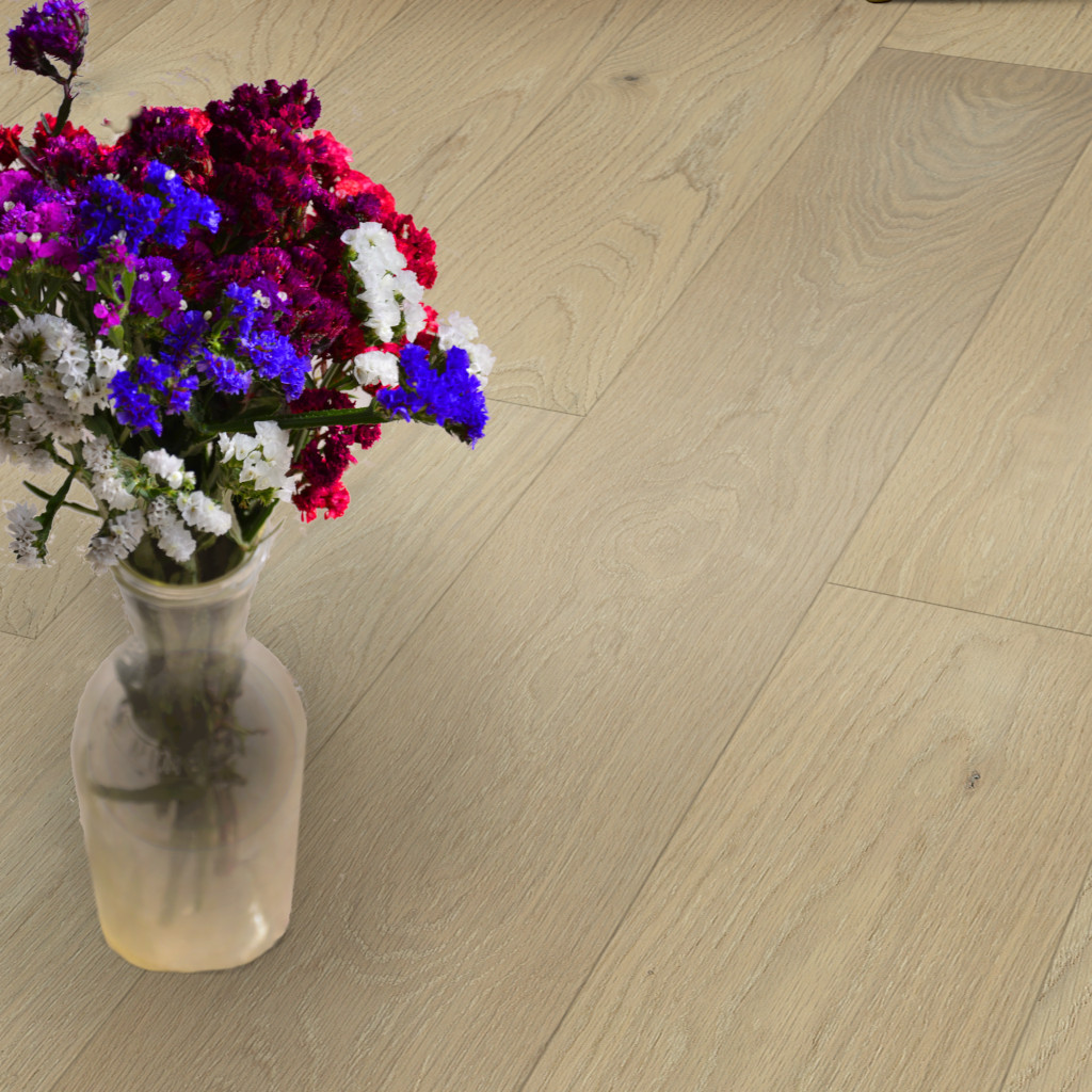 Woodhouse, Patriot Collection, Rushmore white oak engineered wood floor shown with flowers in a glass vase