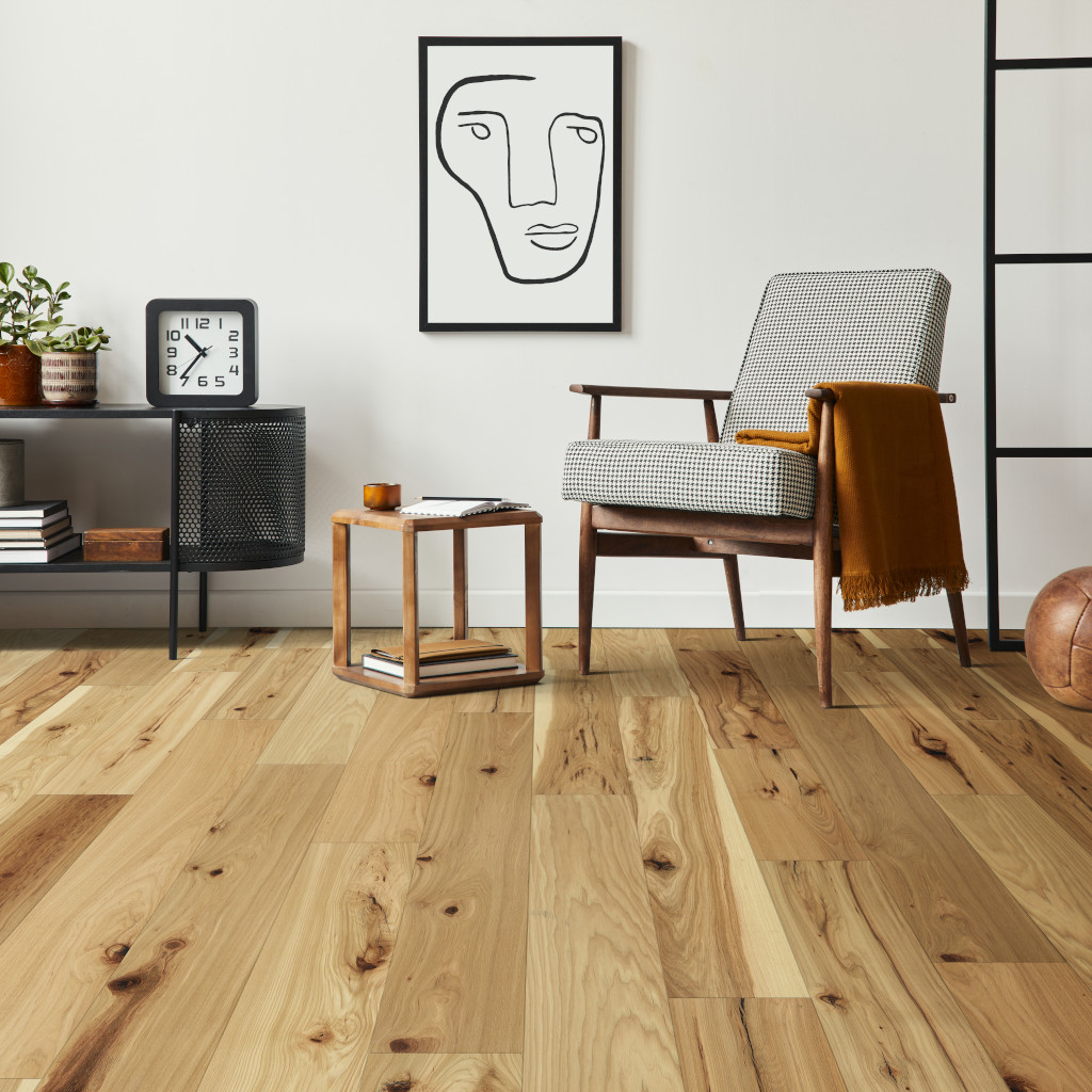 Woodhouse, Salem Hickory Engineered Wood Floor shown in a scandinavian style living room with designer armchair