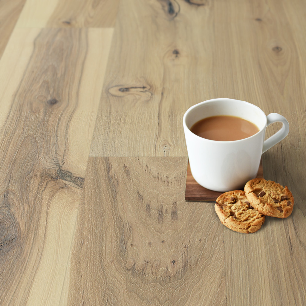 Woodhouse, Patriot Collection, Topeka hickory engineered wood floor shown with cup of coffee and cookies