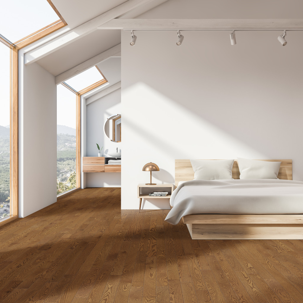 WoodHouse, Frontenac, Stirling solid red oak wood floor shonw in a bedroom