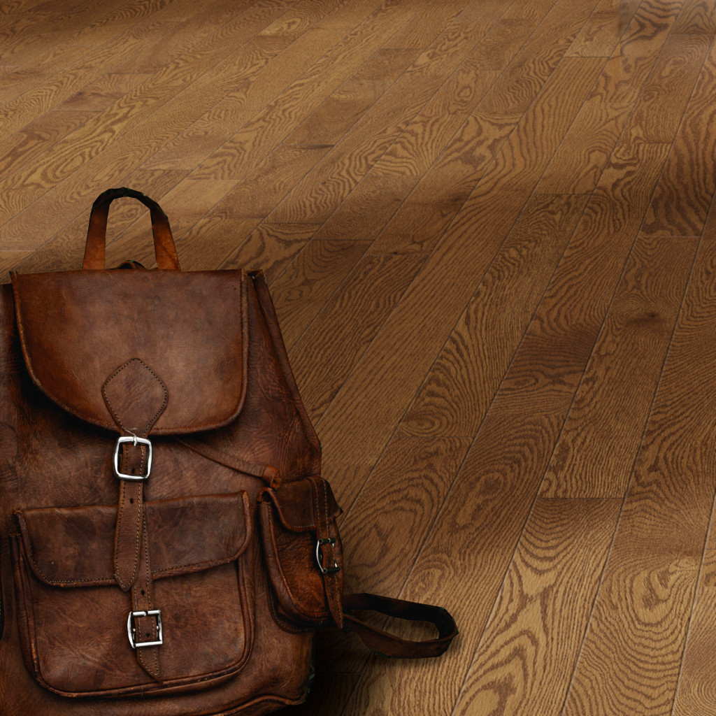 Woodhouse, Frontenac Collection, Stirling red oak solid wood floor shown with a leather backpack